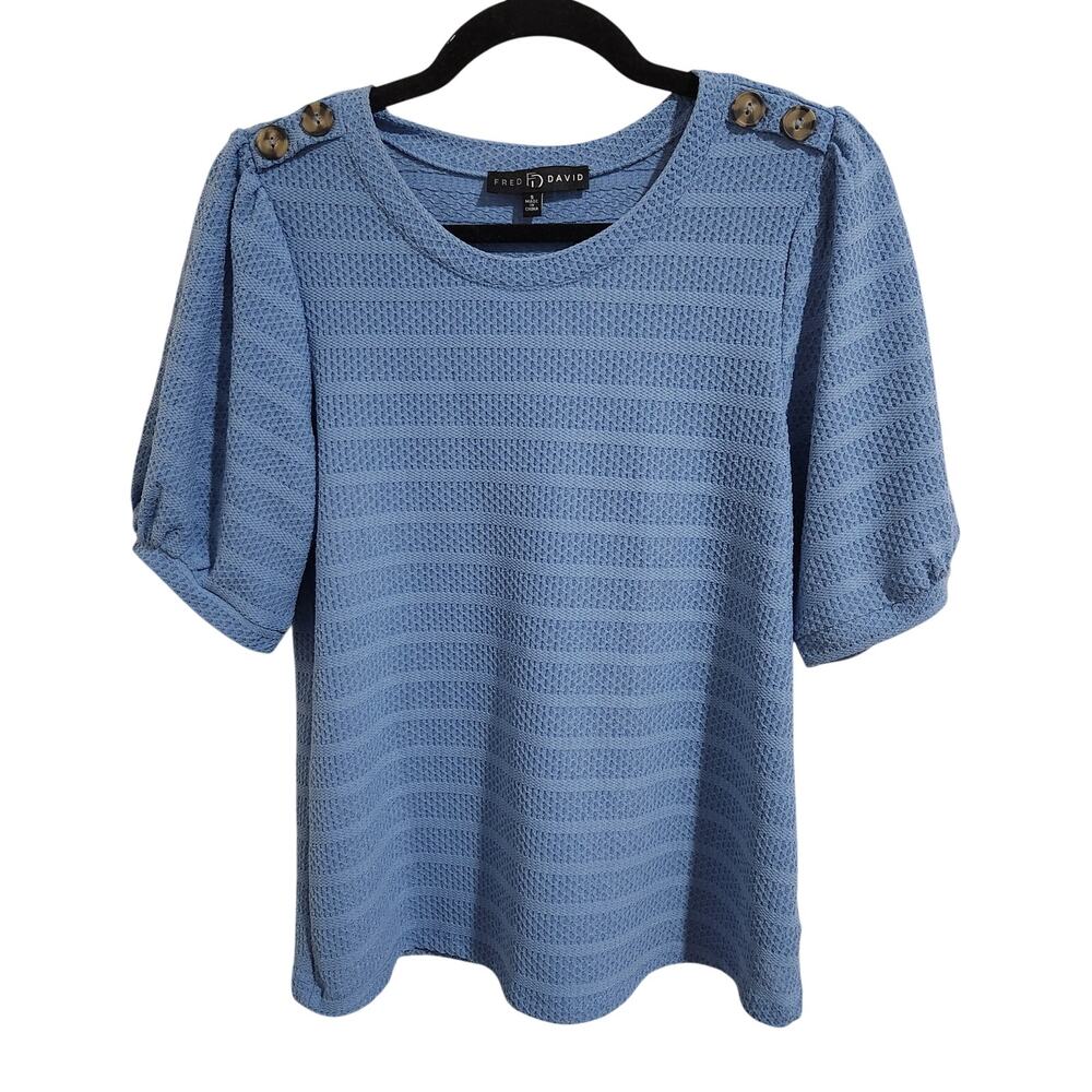 Fred David Light Blue Textured Button Puff Short Sleeve Blouse Top Size S